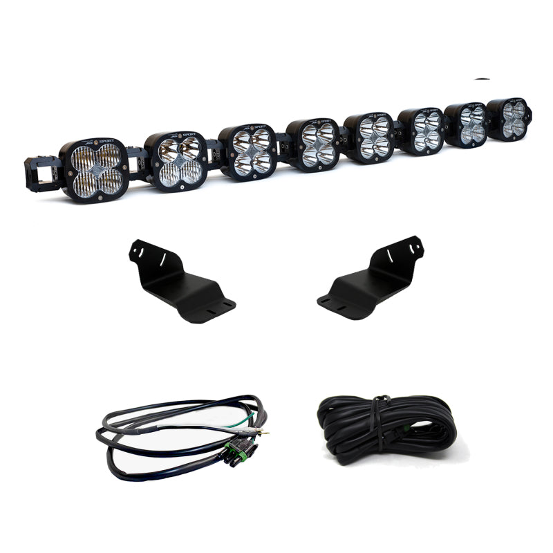 Baja Designs 2021+ Ford Bronco roof light bar kit featuring eight linkable XL lights, mounting brackets, and wiring harness.