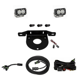 Baja Designs Dual S2 Sport LED lights and reverse kit for 2021+ Ford Bronco, including mounting bracket and wiring harness.