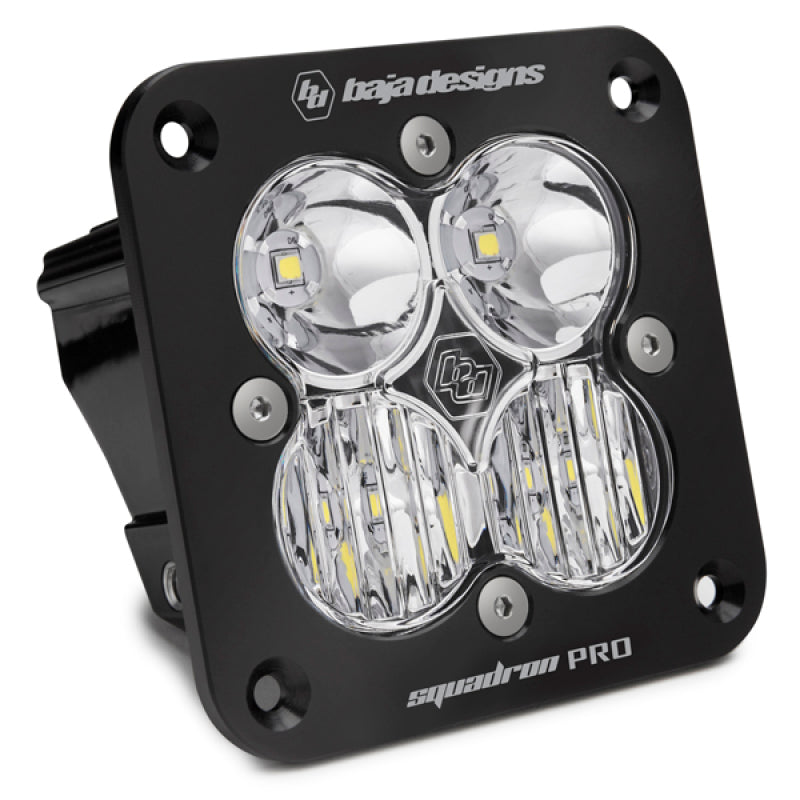 Baja Designs Squadron Pro LED light pod with flush mount design, featuring a black housing and clear lenses.