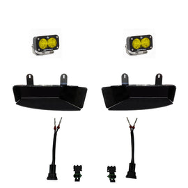 Baja Designs S2 Wide Cornering Fog kit for 2019+ Ram 2500/3500 in amber, includes two lights and mounting brackets.