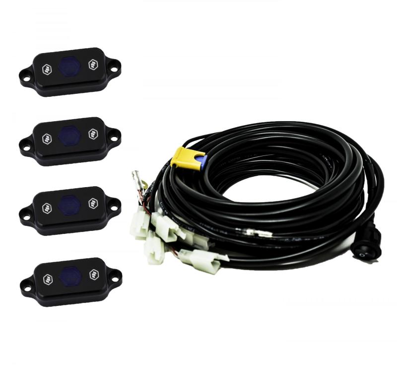 Baja Designs Universal Blue Rock Light Kit with four light pods and wiring harness for offroad vehicle lighting.