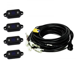 Baja Designs Universal Blue Rock Light Kit with four light pods and wiring harness for offroad vehicle lighting.
