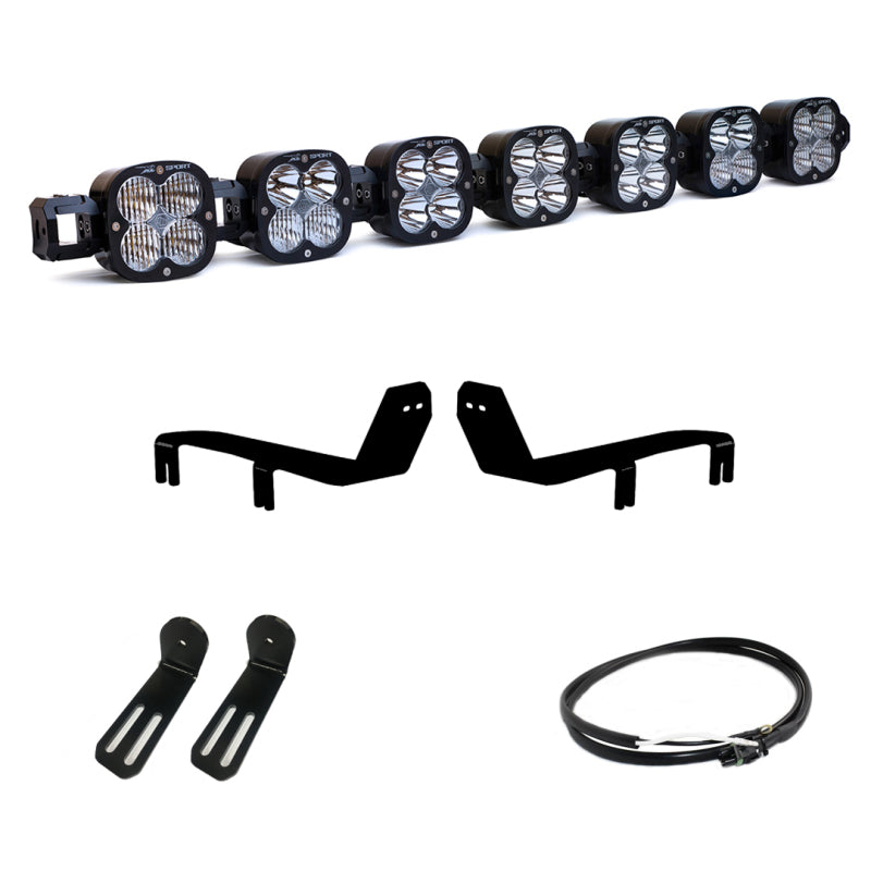 Baja Designs 2017+ Ford Raptor 7 XL Linkable Light Kit with multiple LED lights, mounting brackets, and wiring harness.