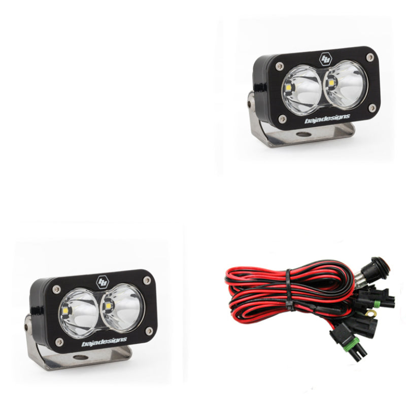 Baja Designs S2 Pro Series LED light pods with work/scene pattern, featuring a pair of compact lights and wiring harness.