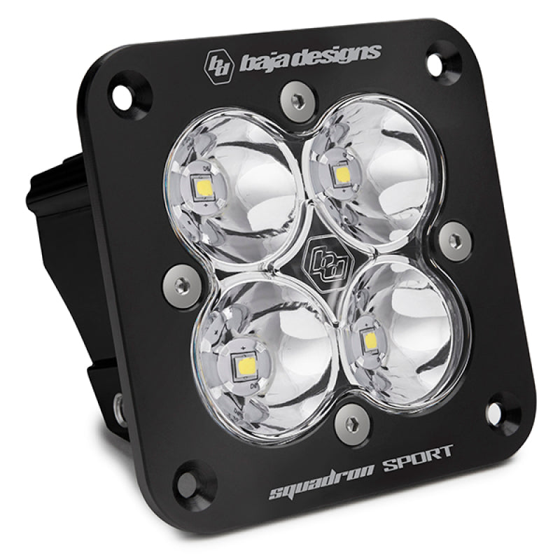 Baja Designs Squadron Sport black flush mount LED light pod with four clear lenses for enhanced visibility and performance.