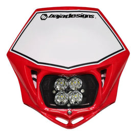 Baja Designs red motorcycle race light featuring four LED bulbs for enhanced visibility and performance in off-road conditions.