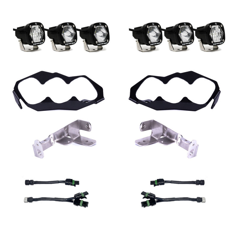 Baja Designs 2024+ Can-Am Maverick R S1 Headlight Kit with four lights, mounting brackets, and wiring harnesses for enhanced visibility.