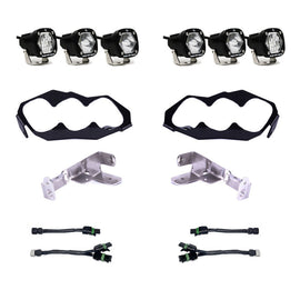 Baja Designs 2024+ Can-Am Maverick R S1 Headlight Kit with four lights, mounting brackets, and wiring harnesses for enhanced visibility.