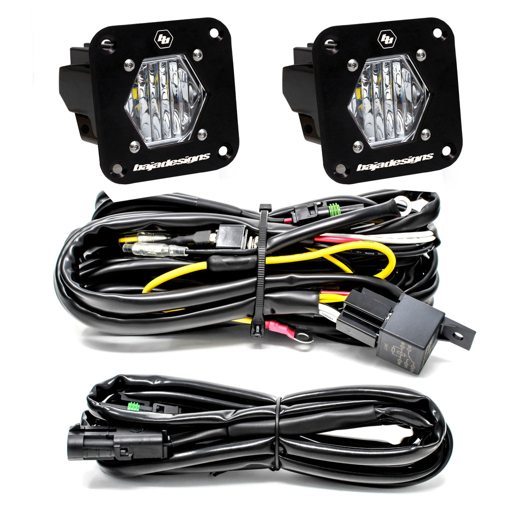 Baja Designs S1 LED flush mount backup kit with two wide cornering lights and wiring harness for offroad vehicles.