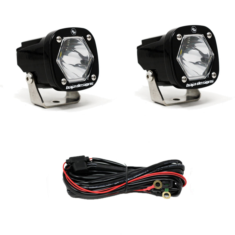Baja Designs S1 Spot LED light pair with mounting brackets and wiring harness for offroad vehicle lighting.