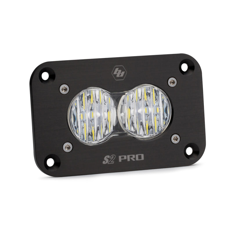Baja Designs S2 Sport flush mount LED work light with clear lens, featuring a wide cornering pattern for enhanced visibility.