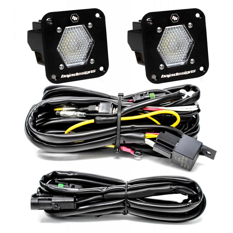 Baja Designs S1 Work/Scene LED light backup kit with two lights and wiring harness for easy installation.