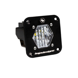 Baja Designs S1 Wide Cornering LED Clear Flush Mount Light Pod with a hexagonal lens and black housing for offroad vehicles.