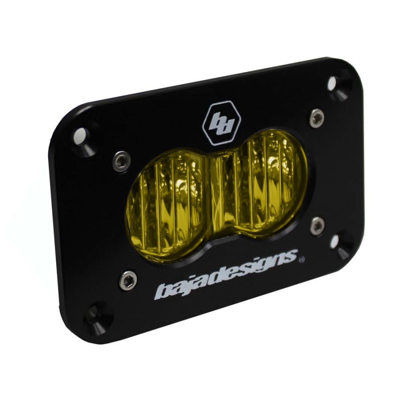 Baja Designs S2 Wide Cornering Sport Flush Mount LED light in amber, featuring a sleek black housing and durable design.