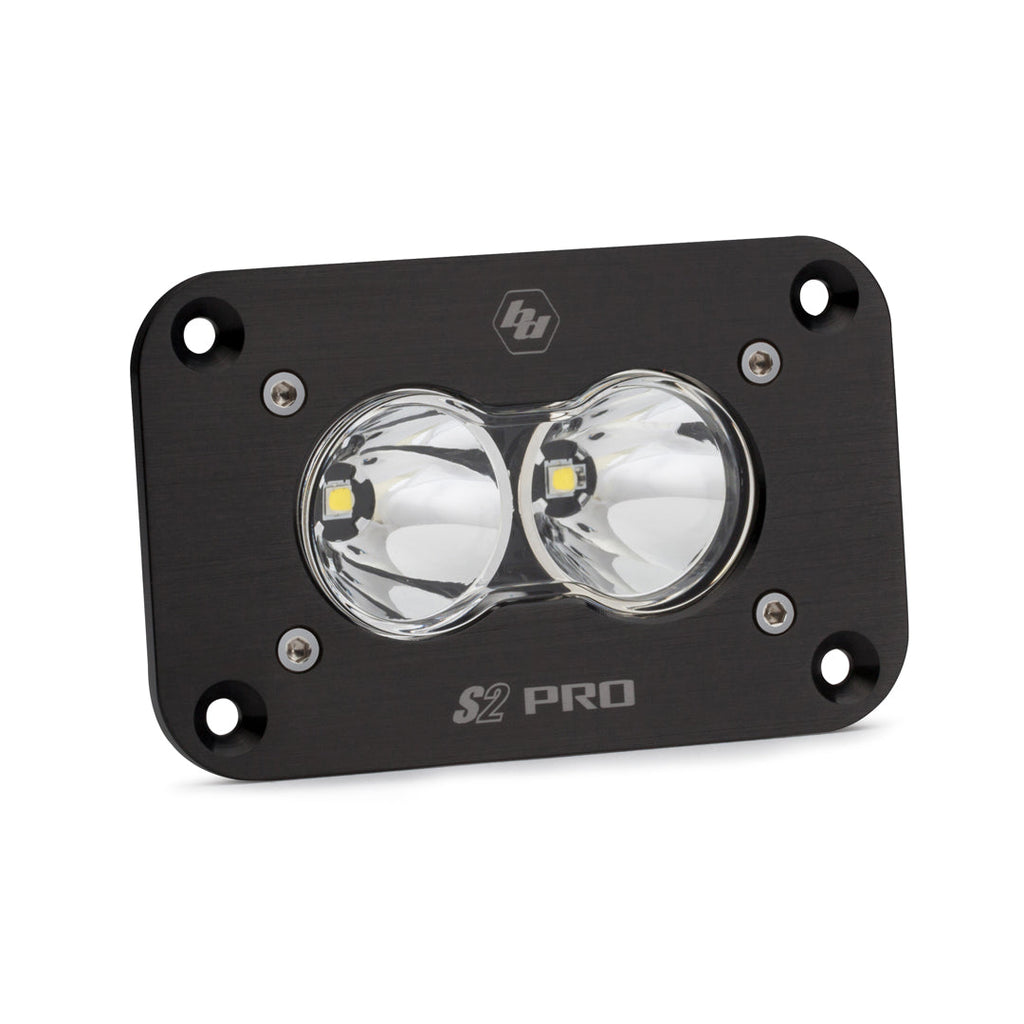 Baja Designs S2 Pro LED spot light, flush mount design with dual lenses and durable black housing for offroad vehicles.