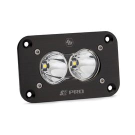 Baja Designs S2 Pro LED spot light, flush mount design with dual lenses and durable black housing for offroad vehicles.