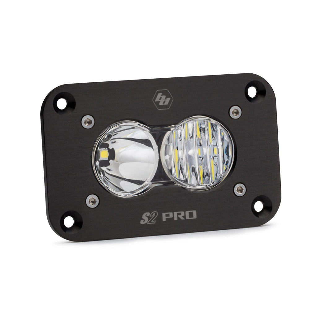 Baja Designs S2 Pro LED driving combo light, flush mount design with dual lenses and durable housing for offroad use.