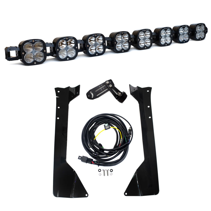 Baja Designs Jeep Wrangler JK XL Linkable Roof Bar Kit with lights, wiring harness, and mounting brackets for enhanced visibility.