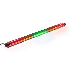Baja Designs RTL-G Single Straight 30in Light Bar featuring red, yellow, and green LED lights for offroad visibility.