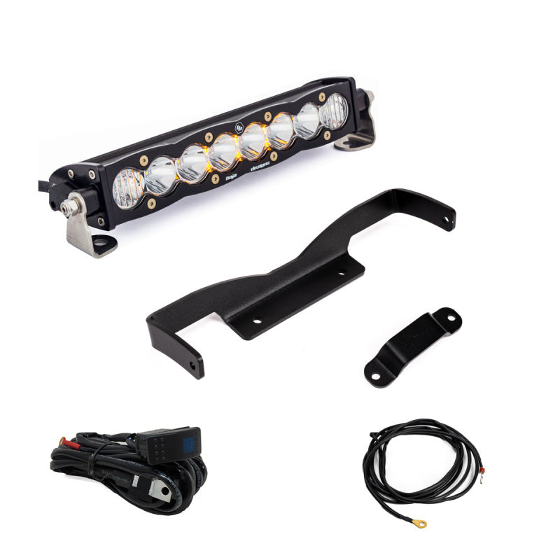 Baja Designs Can-Am Maverick R Clear 10in S8 Shock Tower Kit with light bar, mounting bracket, and wiring harness.
