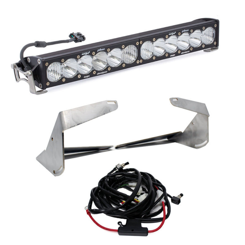 Baja Designs 20 Inch OnX6+ Driving Combo Bumper Kit for 2019+ Ram 2500/3500, includes light bar and mounting hardware.