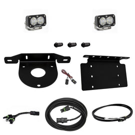 Baja Designs Dual S2 Sport lights with reverse kit and license plate mount for 2021+ Ford Bronco, including wiring harness.