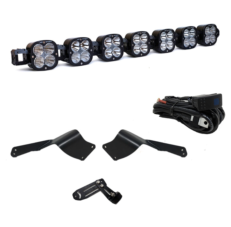 Baja Designs Can-Am X3 XL linkable roof bar kit featuring multiple LED lights, wiring harness, and mounting brackets.