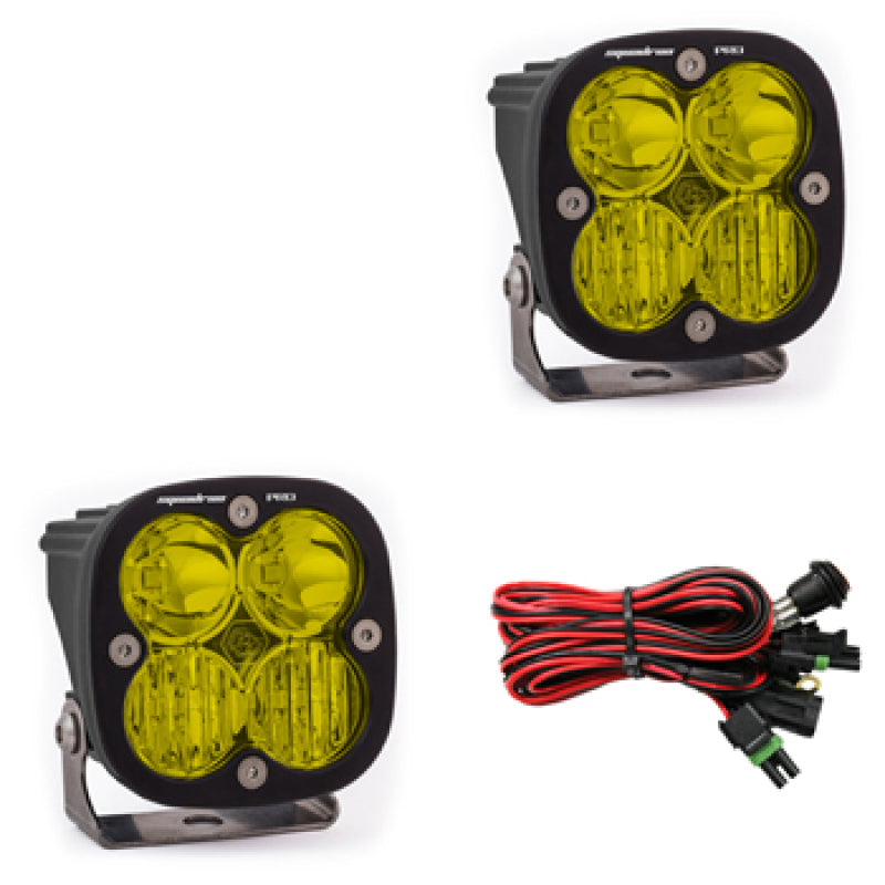 Baja Designs Squadron Pro Series amber LED light pods with driving combo pattern, includes wiring harness.