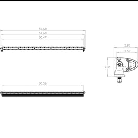 Baja Designs 50 Inch LED Light Bar with amber driving combo pattern, featuring detailed dimensions for installation.