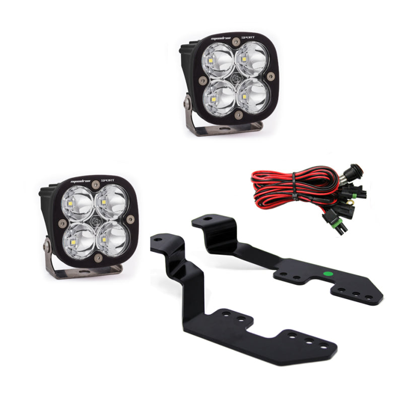 Baja Designs Squadron Sport GM A-Pillar Mount Kit with two LED lights and mounting brackets for enhanced offroad visibility.