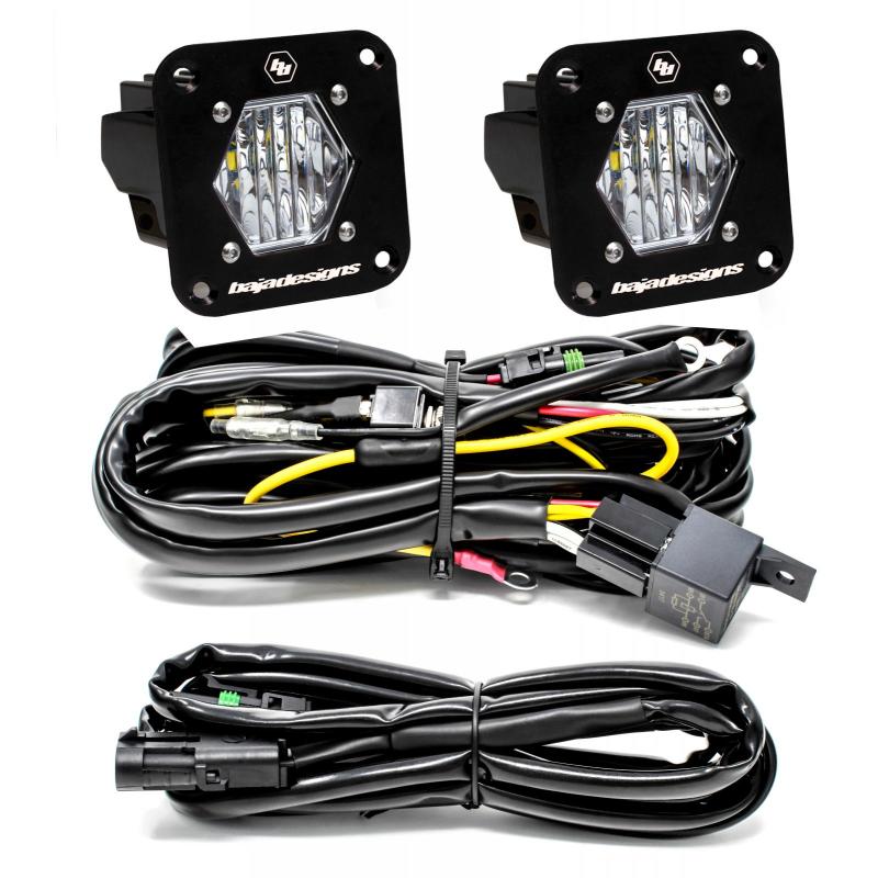 Baja Designs S1 Wide Cornering LED Light Backup Kit with mounting brackets and wiring harness for enhanced visibility.