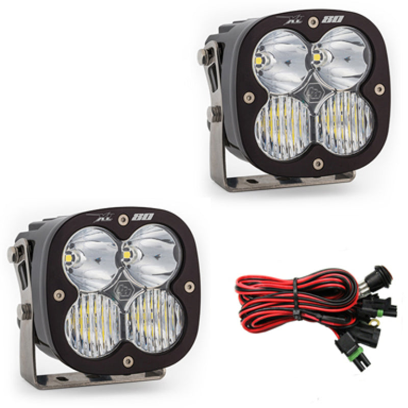 Baja Designs XL80 Series LED light pods with driving combo pattern, featuring two lights and wiring harness.