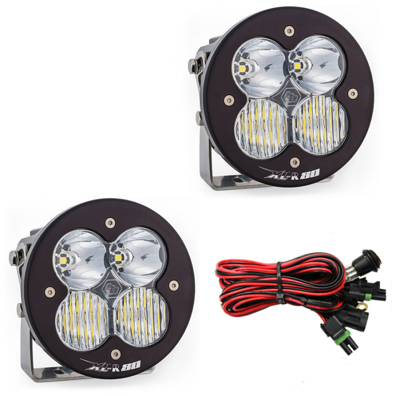 Baja Designs XL R 80 Series LED light pods with driving combo pattern, featuring two powerful lights and wiring harness.