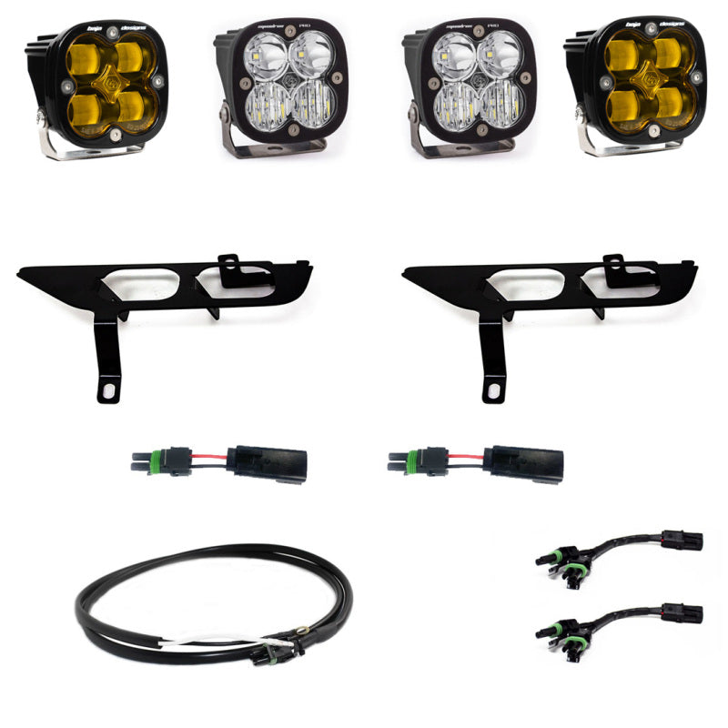 Baja Designs fog light kit for 21-22 Ford F-150, featuring amber lights, mounting brackets, and wiring harness.