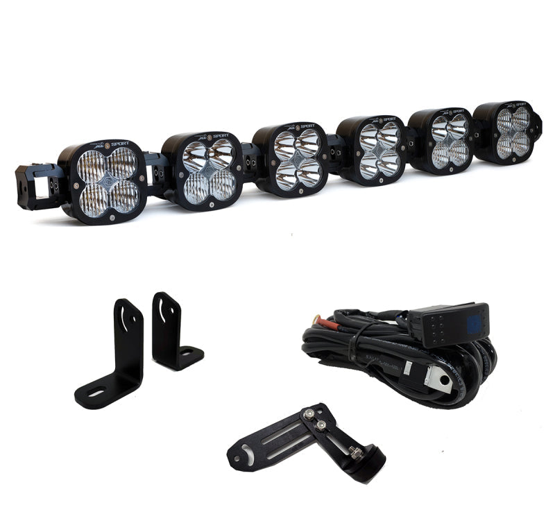 Baja Designs Polaris RZR Pro XP XL Linkable Roof Bar Kit featuring multiple LED lights, mounting brackets, and wiring harness.
