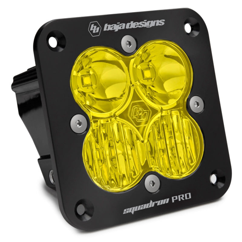 Baja Designs Squadron Pro Flush Mount LED light pod in black with amber lenses, designed for off-road driving and visibility.