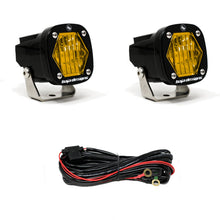 Load image into Gallery viewer, Baja Designs S1 Amber Wide Cornering LED light pair with mounting brackets and wiring harness for offroad vehicles.