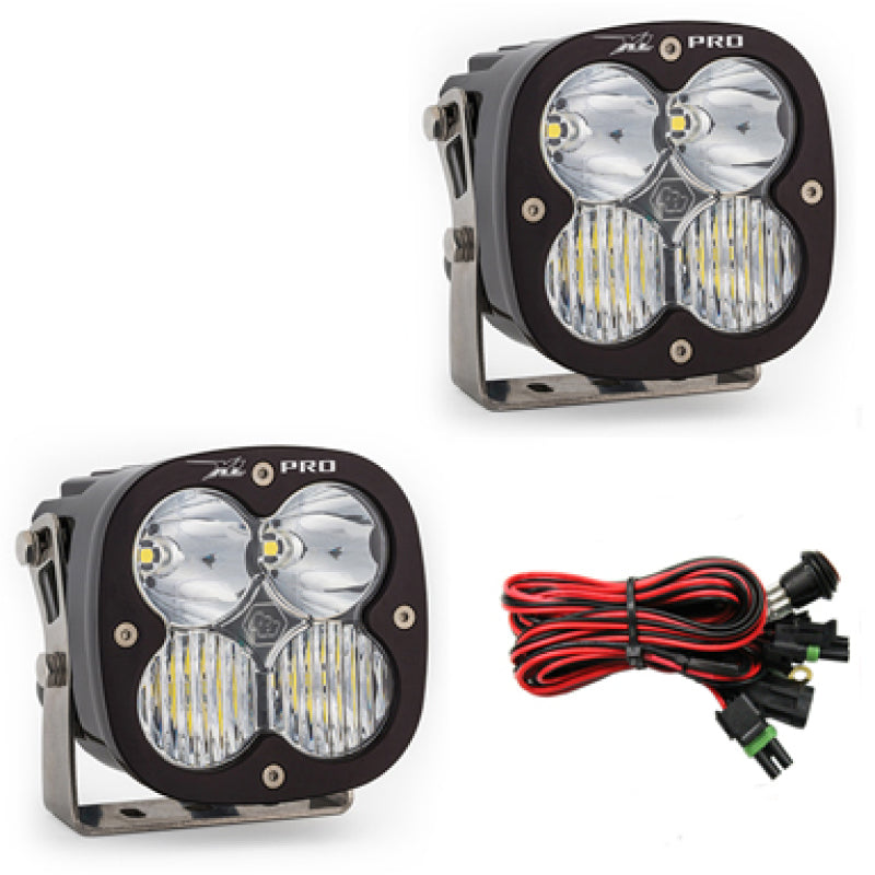 Baja Designs XL Pro Series LED light pods with driving combo pattern, featuring durable housing and wiring harness.