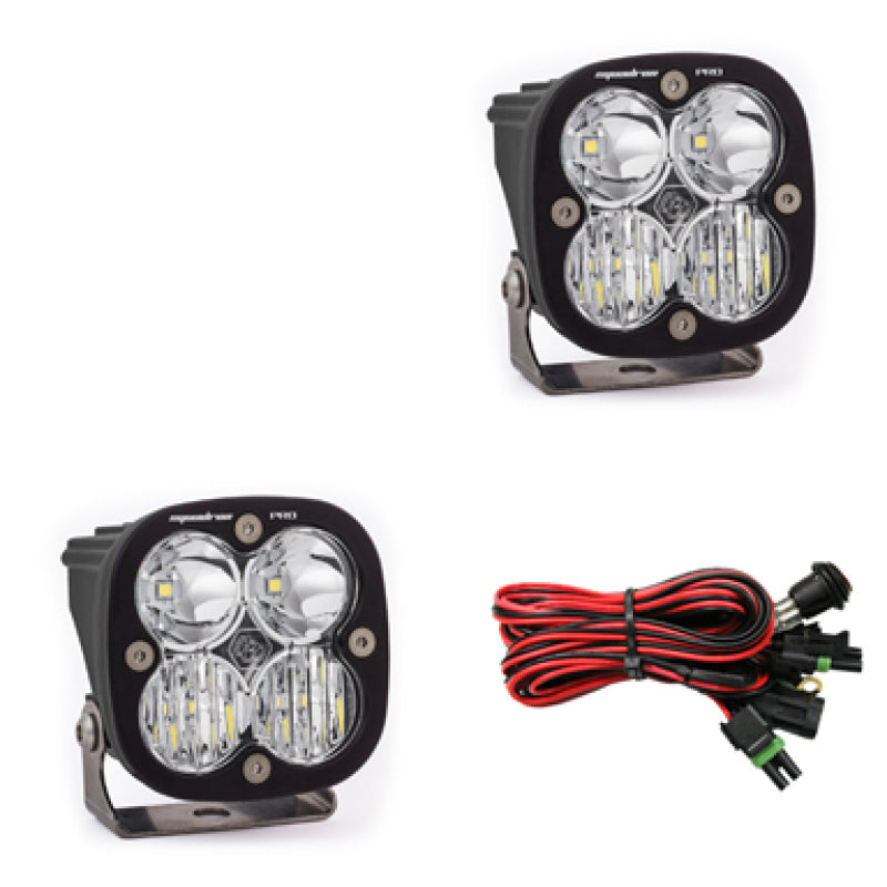 Baja Designs Squadron Pro Series LED light pods with driving combo pattern, featuring two lights and wiring harness.