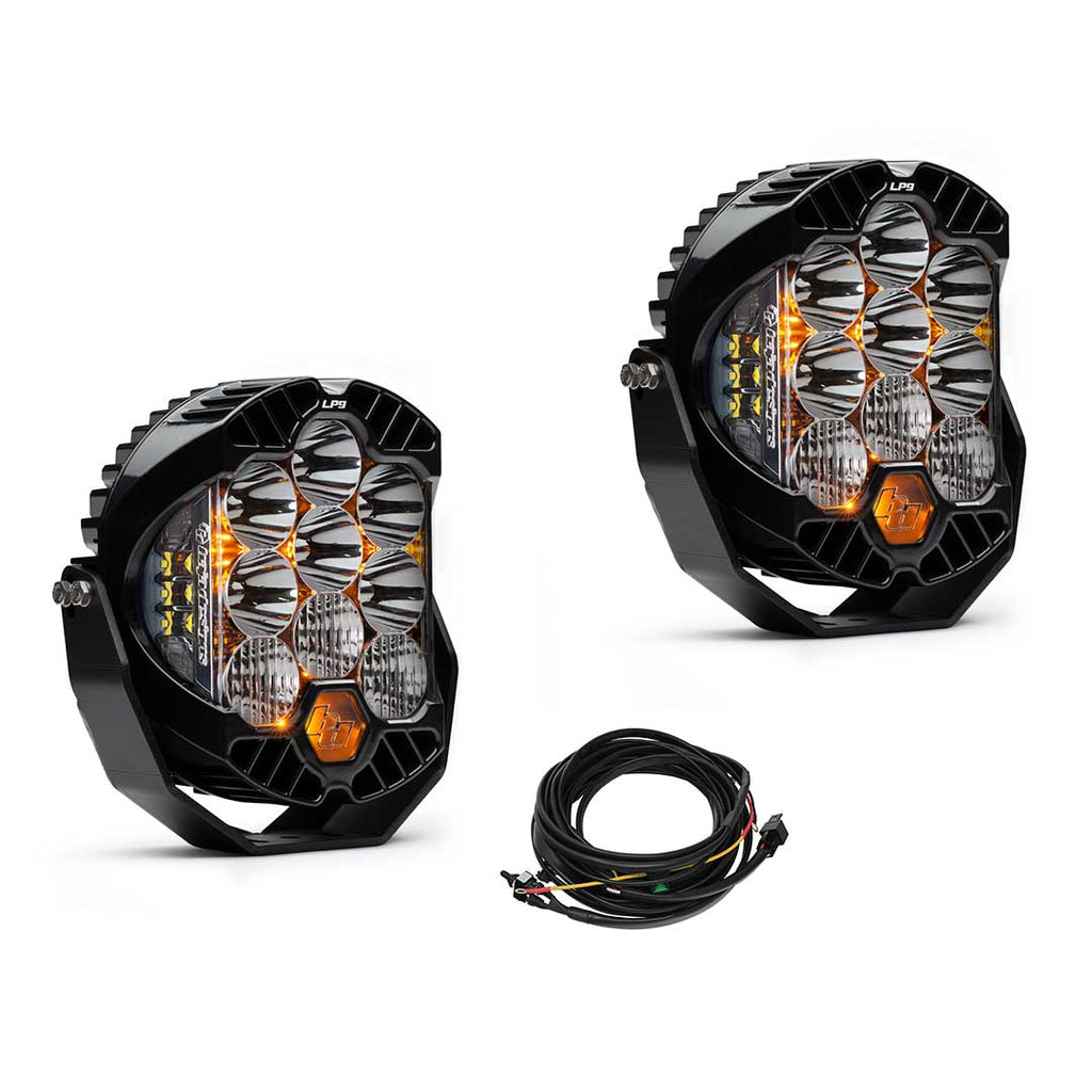 Baja Designs LP9 Pro, Driving/Combo LED lights with visible wiring harness, showcasing advanced LED technology and cooling vents for optimal heat dispersion.