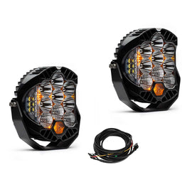 Baja Designs LP9 Pro, Driving/Combo LED lights with visible wiring harness, showcasing advanced LED technology and cooling vents for optimal heat dispersion.