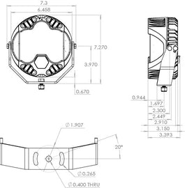 Baja Designs LP6 Pro driving combo light in amber, featuring detailed dimensions for installation and design specifications.