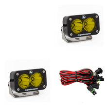 Load image into Gallery viewer, Baja Designs S2 Pro LED light pair with yellow lenses and mounting brackets, ideal for off-road vehicles.