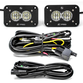 Baja Designs S2 Pro Wide Cornering LED light pod kit with flush mount design and wiring harness for offroad vehicles.