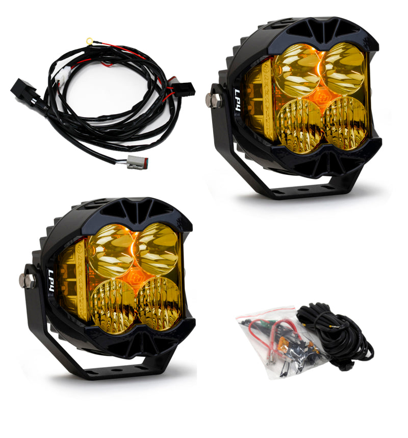 Baja Designs LP4 Pro Driving/Combo LED lights in amber, featuring a durable design and wiring harness for installation.