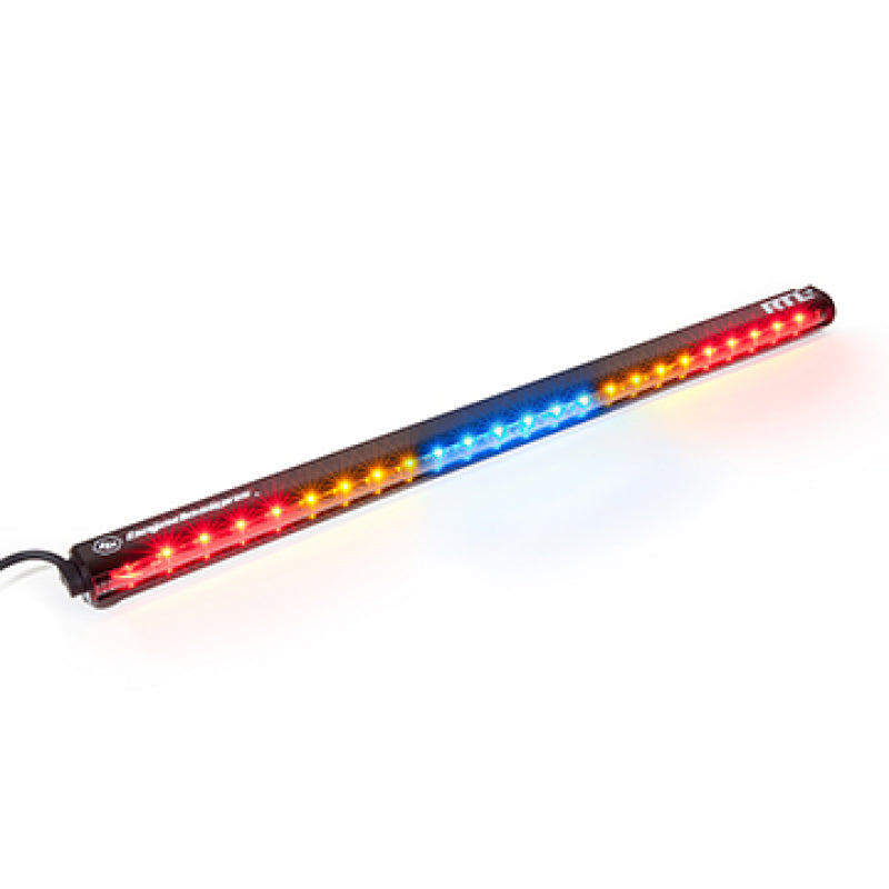 Baja Designs RTL-B Single Straight 30-inch light bar featuring red, amber, and blue LED lights for offroad visibility.