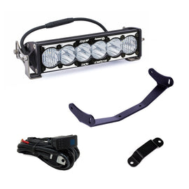 Baja Designs Can-Am Maverick R 10in OnX6+ Laser Hybrid Shock Tower Kit with light bar, mounting brackets, and wiring harness.