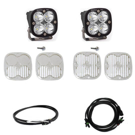 Baja Designs 2021+ Ford Bronco A Pillar Light Kit featuring Squadron Pro Spot lights, mounting brackets, and wiring harness.