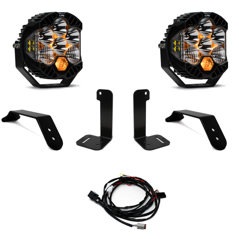 Baja Designs 2018+ Jeep JL/JT Dual LP6 Auxiliary Light Kit with mounting brackets and wiring harness for enhanced visibility.