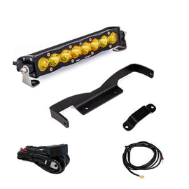Baja Designs Can-Am Maverick R Amber 10in S8 Shock Tower Kit with LED light bar, mounting bracket, and wiring harness.